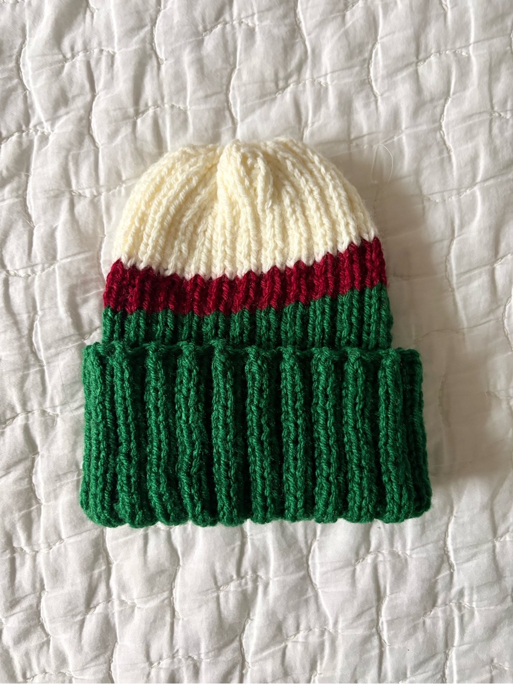 Handmade Kids Green, Cream & Red Knit Beanie